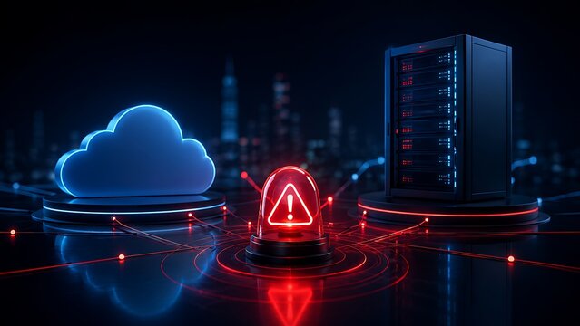 Cybersecurity warning alert with displays glowing red warning beacon situated between digital cloud icon server rack