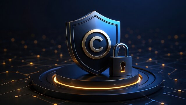 Digital copyright protection shield with padlock symbolizing secure intellectual property rights online