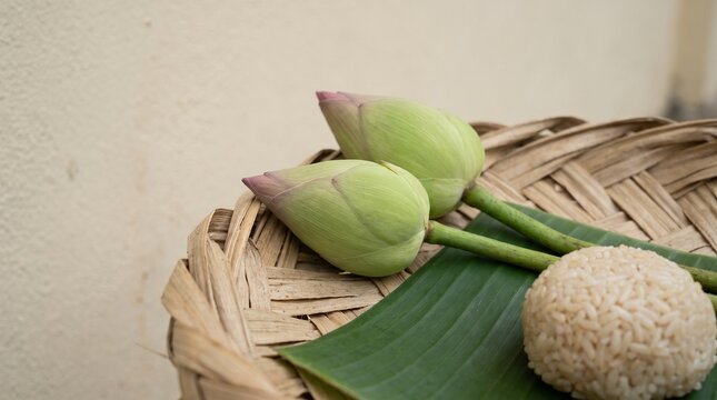 Lotus buds and woven palm details for Pchum Ben offerings