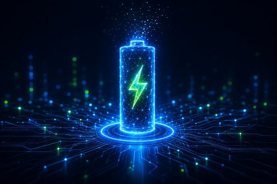 Digital battery symbol representing sustainable energy storage technology and advanced electrical power connectivity