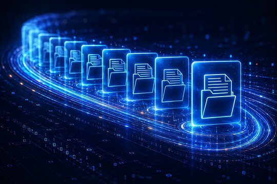 Glowing digital data folders moving along a futuristic cybernetic network pathway