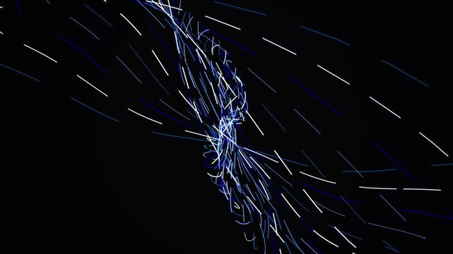 Dynamic blue and white light streaks converging into central focal point on black backdrop