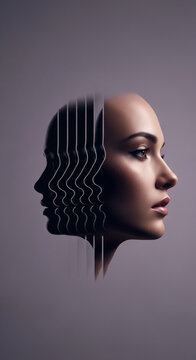 Multiple profiles of a woman's face cascade, symbolizing identity, introspection, and psychological depth, perfect for concept or mental health themes
