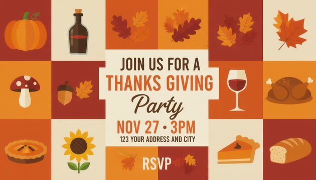Autumn Thanksgiving party flyer, orange fall leaves and pumpkins, RSVP invite poster