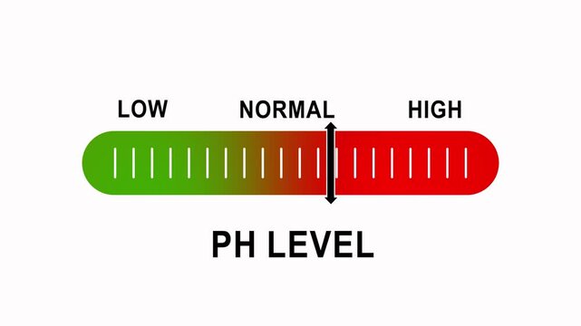 P h level indicator gauge moving from low to acidic and alkaline measurement scale animation