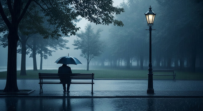 Silhouette of a person under an umbrella on a bench in the rain, next to a lamppost, symbolizing solitude and melancholy