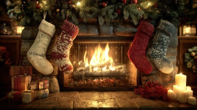 festive fireplace with stockings by a roaring fire,