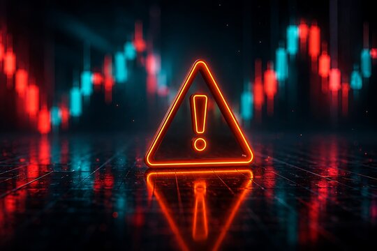 Neon exclamation warning symbol against blurred financial market candlestick chart background