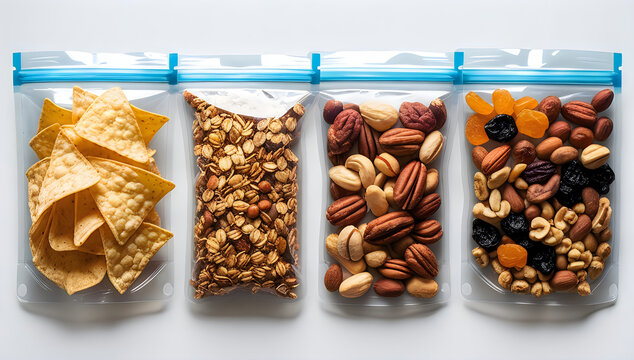 Four plastic storage bags filled with healthy snack foods illustration