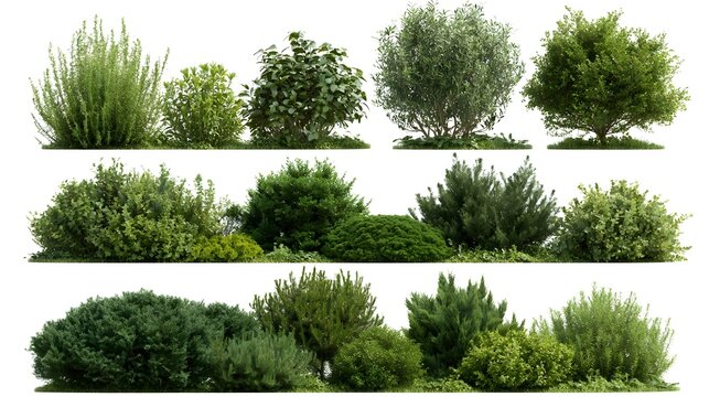 Set of herbs and bushes in elevation view for use in architectural drawings - isolated on white background background Stock Illustration