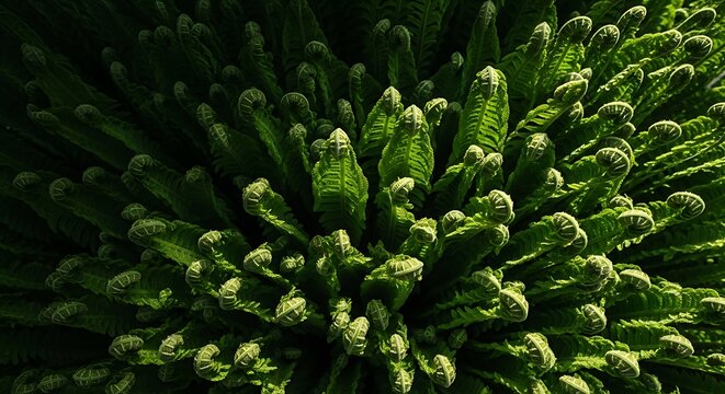 Emerging green fern fiddleheads in spiral pattern