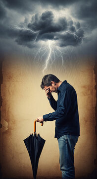 Man with closed eyes under stormy sky with lightning and rain, holding closed umbrella, symbolizing despair and difficult situation