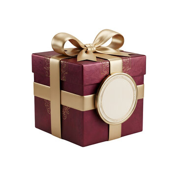 Elegant burgundy gift box with a luxurious gold ribbon and a blank circular tag, isolated on transparent background
