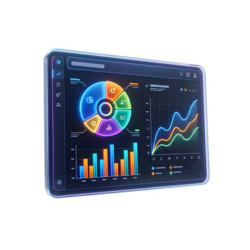 Futuristic digital dashboard interface with glowing charts and data analytics isolated on transparent background