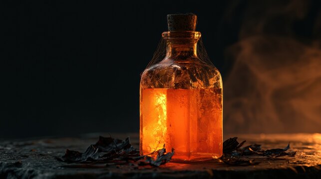 Glowing amber potion bottle covered in cobwebs resting on dark stone surface for spooky halloween atmosphere