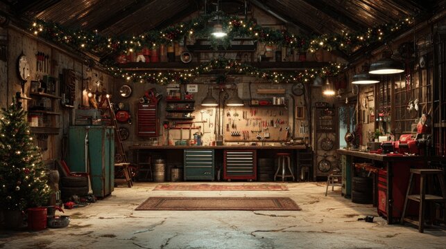 Festive garage workshop with tools arranged and holiday decorations hung,