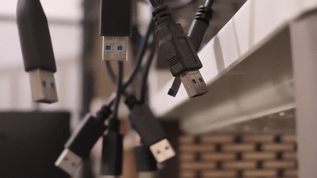 Macro slow motion video focusing on black USB connectors dangling closely in an office environment.
