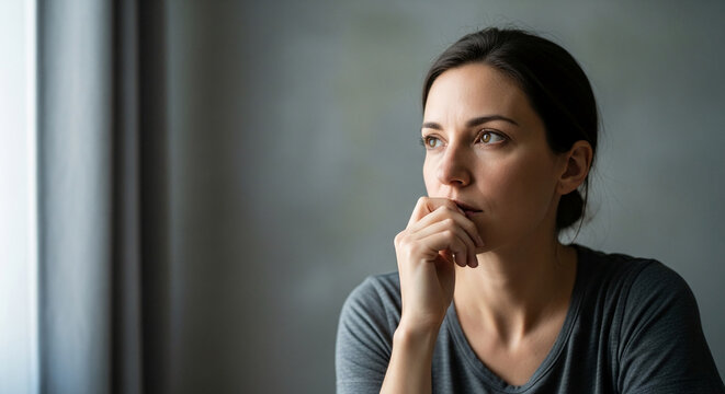 Close-up of a woman's thoughtful profile, hand touching her chin, symbolizing contemplation and introspection, suitable for emotional or mental health themes.