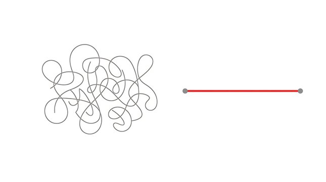 Comparison of a tangled scribble and a straight line segment representing complexity versus simplicity