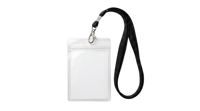 Blank Transparent ID Card Badge Holder with Black Neck Lanyard Strap Isolated on White Background for Office Security