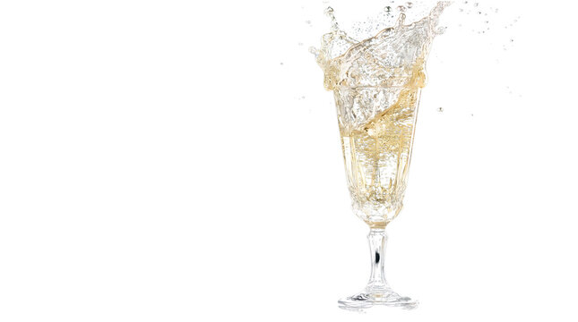 Elegant Champagne Flute with Dynamic Golden Liquid Splash Isolated on a Clean White Background