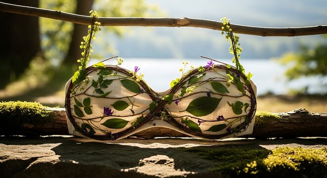 Bra made from natural leaves and branches in forest setting