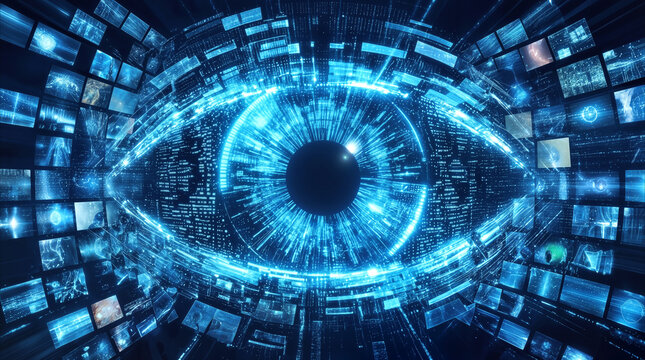 Biometric eye scanning interface with digital data streams and surveillance monitors. Global information network and artificial intelligence monitoring system.