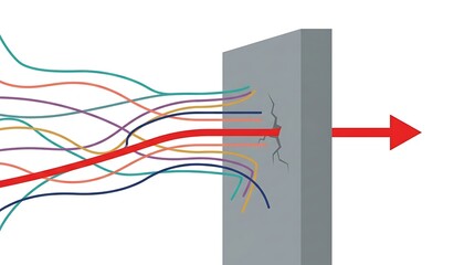 Obraz premium A single red arrow breaking through a solid wall with colorful wavy lines representing a breakthrough business concept