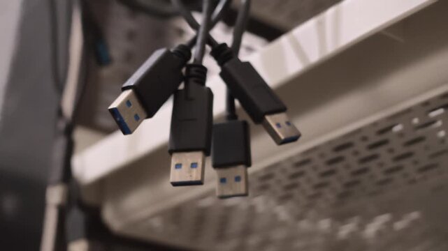 Centered slow motion shot of several USB cables bunched and hanging down against a neutral indoor background.
