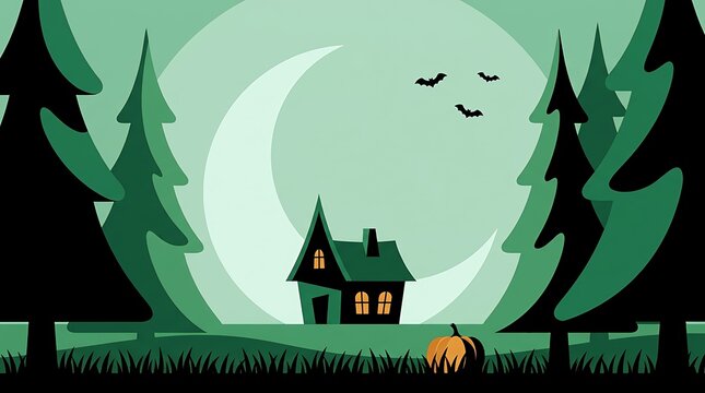 Halloween scene with spooky haunted house pine trees crescent moon bats