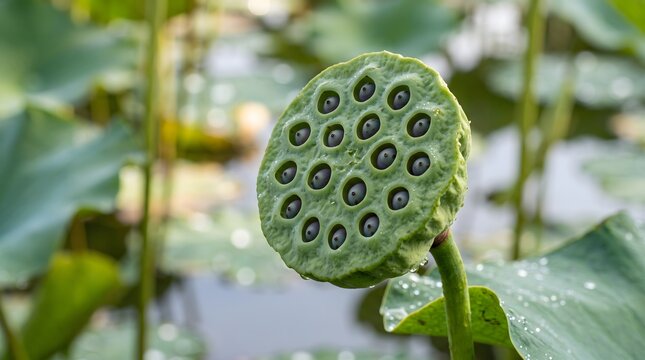 A detailed macro view of a fresh green lotus seed pod containing embedded seeds, with dew drops and a blurred pond background
