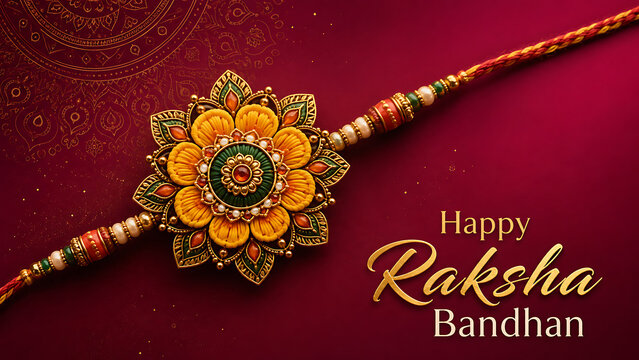 Beautiful yellow floral crafted rakhi thread elegantly resting on deep red backdrop showing gorgeous mandala art wishing happy raksha bandhan shravan purnima