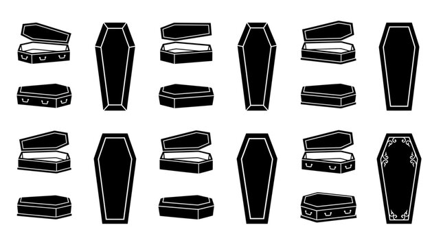 Set of black coffin icons in various styles with different styles orientations collection black collection 16 bereavement with background