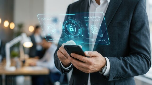 A conceptual cyber security visualization emphasizing identity, detection, and protection in a professional environment.