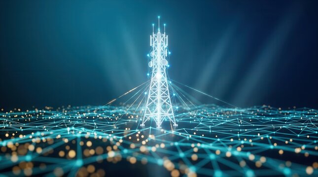 Telecommunication tower with glowing network lines symbolizing global data connectivity.