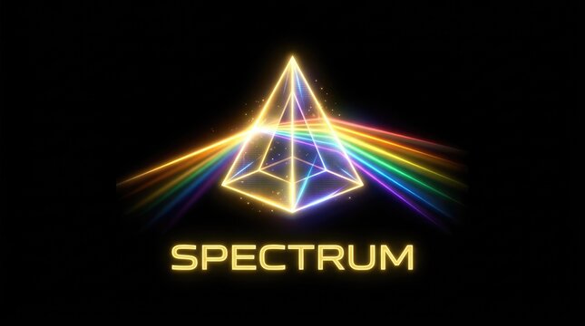 Futuristic neon pyramid dispersing light into a colorful rainbow spectrum background.