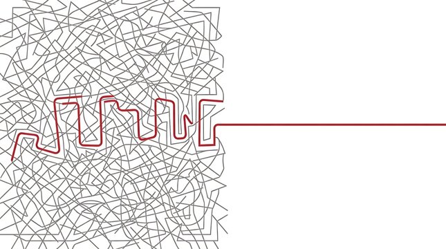 Tangled line unraveling into a straight line path as a minimalist abstract graphic element