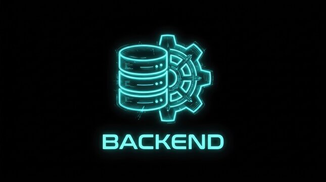 Backend development technology icon with a glowing database and server processing gear.