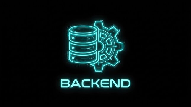 Backend development concept with glowing database and server gear icon. Futuristic technology illustration.
