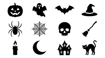 Fototapeta premium Halloween icons set with spooky symbols with including jack o lantern collection black halloween white background with lantern ghost bat