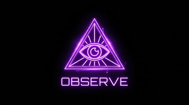Neon Glowing Purple Eye of Providence Symbol with OBSERVE Text on Black Background