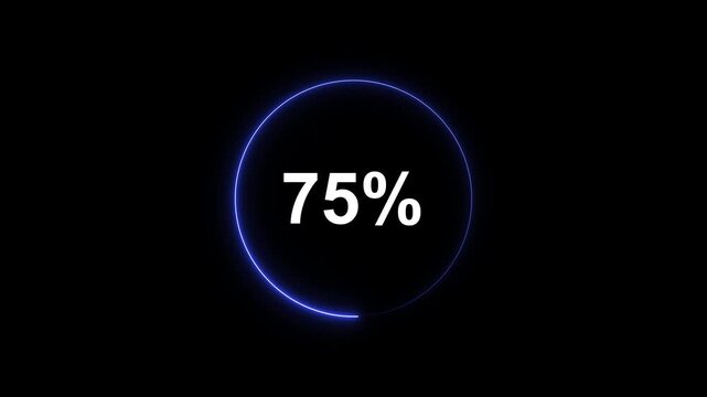 75 percent loading progress circle animation with glowing blue neon ring on black background