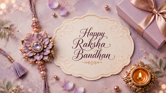 Purple themed happy raksha bandhan festive setup with lovely floral rakhi elegant gift box lit decorative diya and greeting card on table