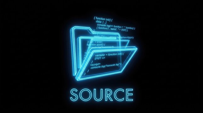 Futuristic source code folder icon for software development and programming. 3D glowing tech concept.