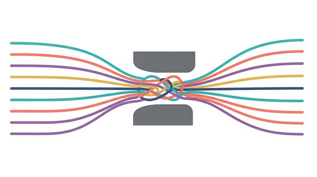 Minimalist abstract flow diagram with converging lines and gray blocks representing process bottleneck and data management optimization