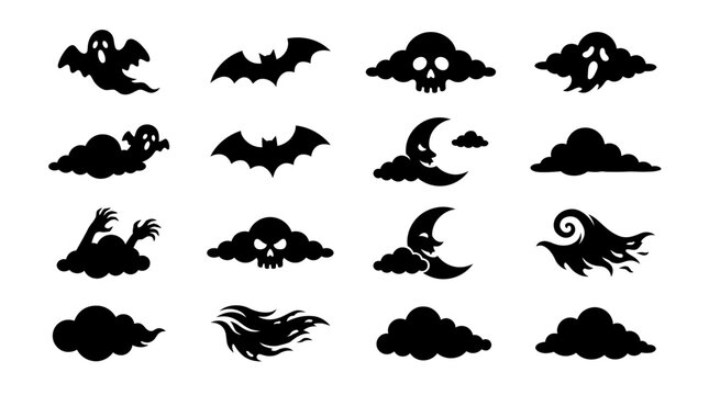 Halloween icons with spooky silhouettes of ghosts bats skulls with collection 15 black halloween themed silhouettes clouds wind arranged