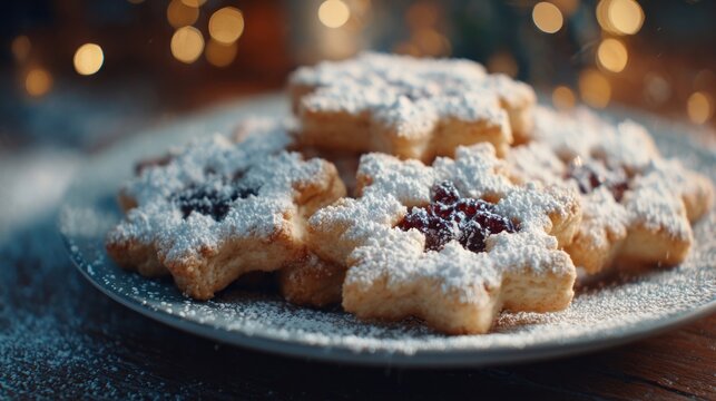 festive holiday cookies on plate with powdered sugar