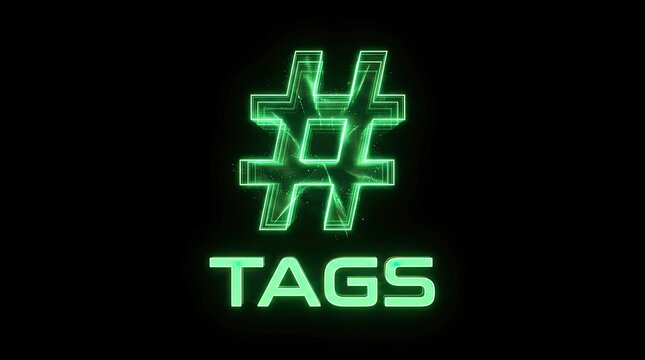 Futuristic neon green hashtag symbol for social media and technology concepts.