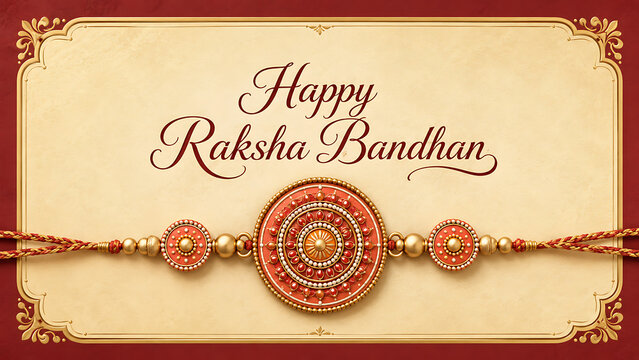 Vintage style happy raksha bandhan celebration poster featuring intricate orange and gold rakhi placed on light background with elegant dark red borders