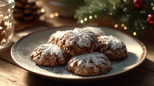 festive holiday cookies on plate with powdered sugar